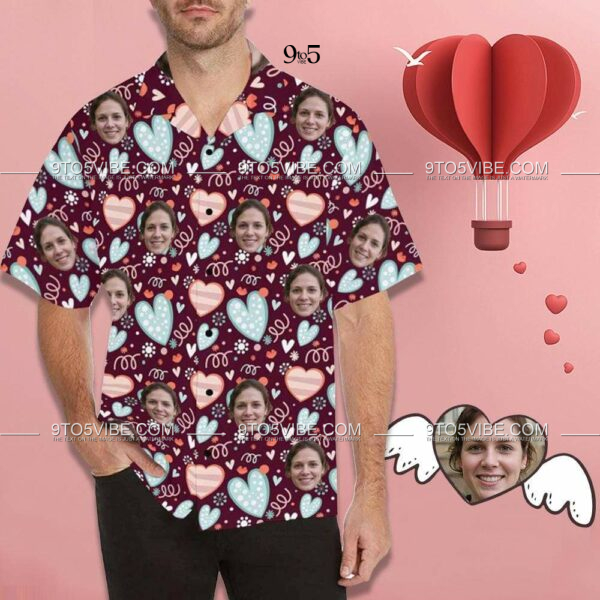 Custom Face Blue&Pink Hearts Men's All Over Print Hawaiian Shirt - Free Design 9to5vibe