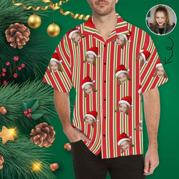 Custom Face Christmas Stripe Men's Hawaiian Shirt - Free Design 9to5vibe