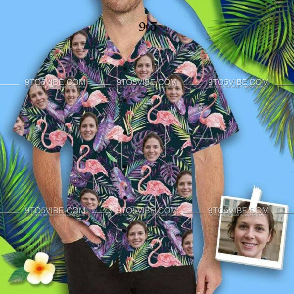 Custom Face Flamingo Purple Leaf Men's All Over Print Hawaiian Shirt  - Free Design 9to5vibe