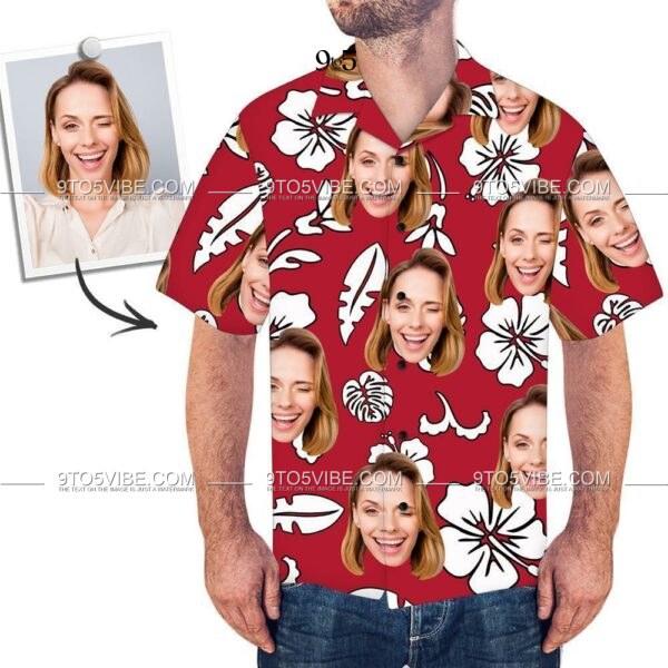 Custom Face Flowers And Leaves Beach Summer Short Sleeve Red Hawaiian Shirt  - Free Design 9to5vibe