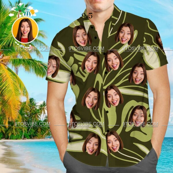 Custom Face Funky Hawaiian Shirt Abstract Leaves Button Down Shirts - Free Design 9to5vibe