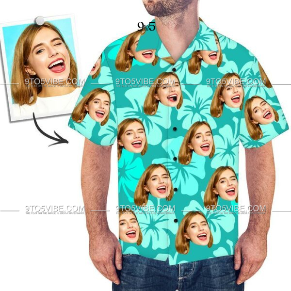 Custom Face Funky Hawaiian Shirt Blue Button Down Shirts  - Free Design 9to5vibe