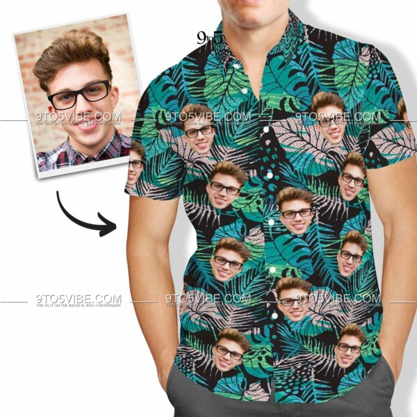 Custom Face Hawaiian Shirt Men's All Over Print Large Leaves Short Sleeve Shirt - Free Design 9to5vibe