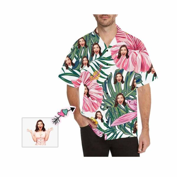 Custom Face Leaves Pink Flowers Men's Hawaiian Shirt  - Free Design 9to5vibe