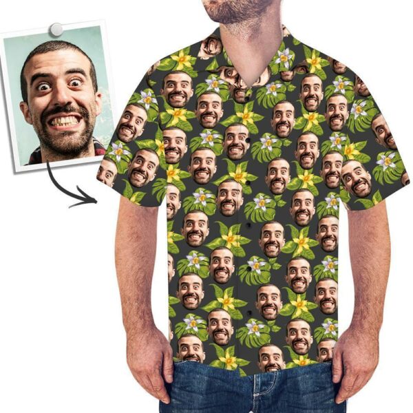 Custom Face Men's Hawaiian Shirt Green Flowers  - Free Design 9to5vibe