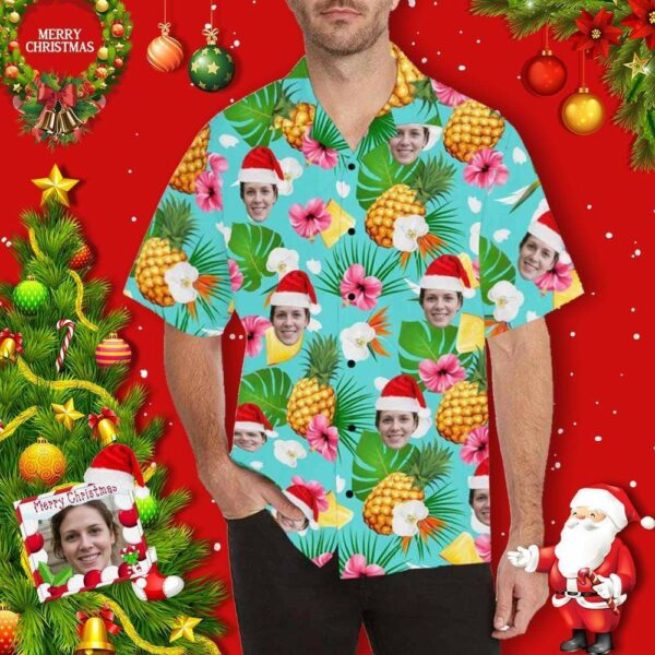 Custom Face Merry Christmas Pineapple Blue Unisex Hawaiian Shirts - Free Design 9to5vibe