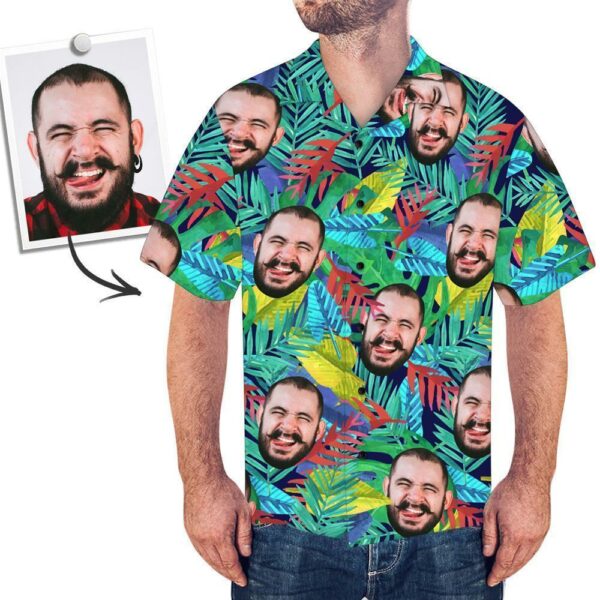 Custom Face Multicolor Leaves Men's All Over Print Hawaiian Shirt  - Free Design 9to5vibe