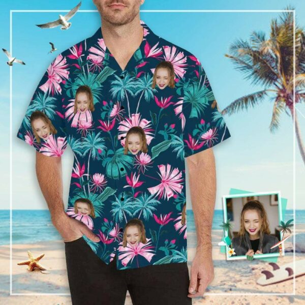 Custom Face Pink Flower Men's All Over Print Hawaiian Shirt  - Free Design 9to5vibe