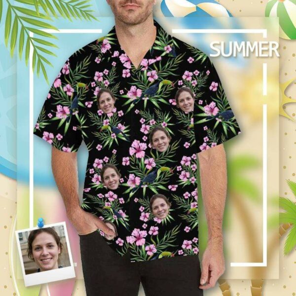 Custom Face Pink Flowers Men's All Over Print Hawaiian Shirt  - Free Design 9to5vibe