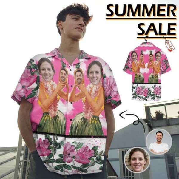 Custom Face Pink Sky Beauty Flower Men's All Over Print Hawaiian Shirt - Free Design 9to5vibe