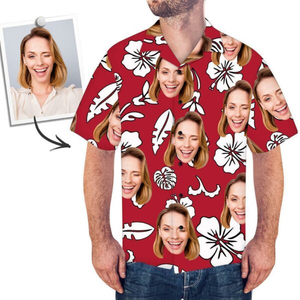 Custom Face Red Hawaiian Shirt Flowers And Leaves  - Free Design 9to5vibe