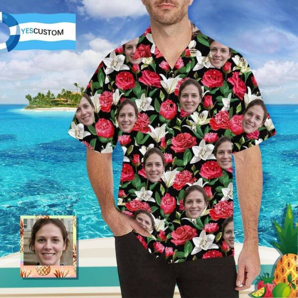 Custom Face Rose&Lily Flowers Men's All Over Print Hawaiian Shirt  - Free Design 9to5vibe