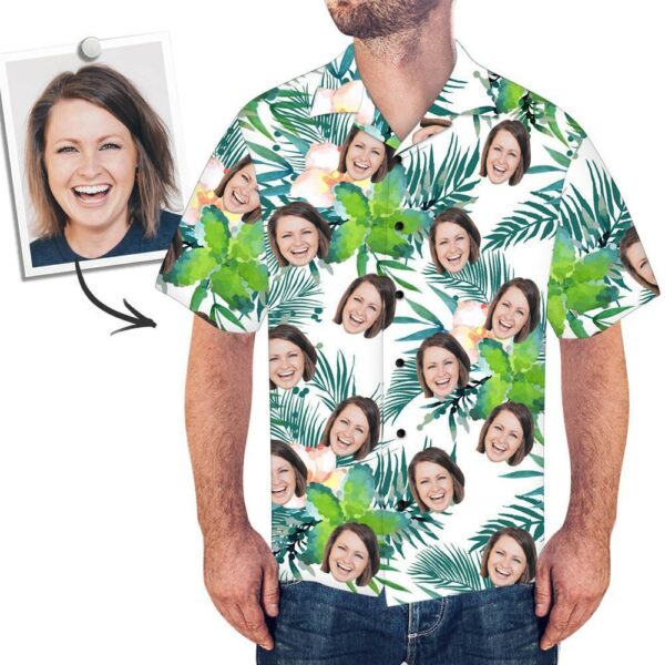 Custom Face Shirt Men's Hawaiian Shirt Green Flower  - Free Design 9to5vibe