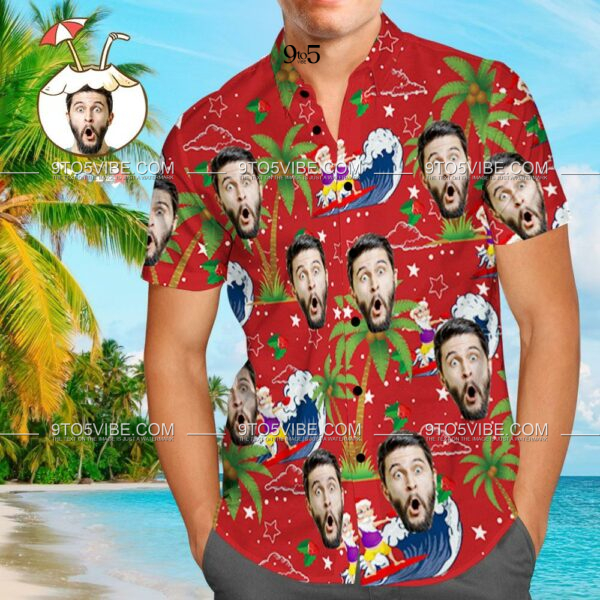 Custom Face Shirt Personalised Photo Men's Hawaiian Shirt Christmas Gift - Surfing Santa  - Free Design 9to5vibe