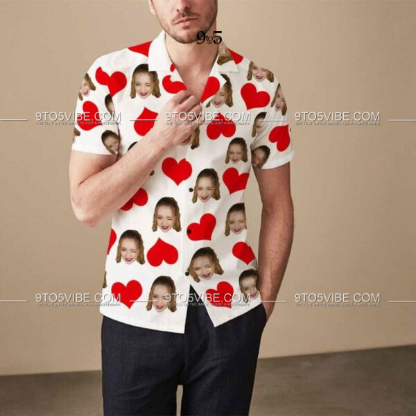 Custom Face White&Red Heart Men's All Over Print Hawaiian Shirt  - Free Design 9to5vibe