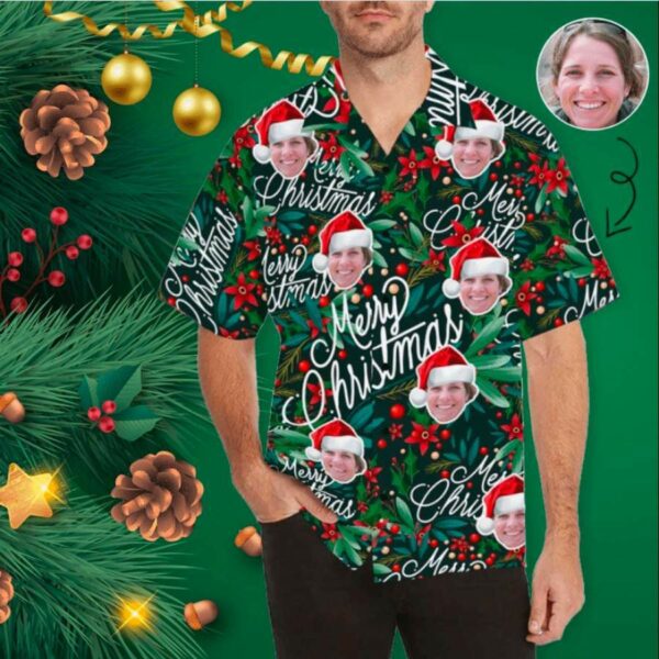 Funny Custom Face Merry Christmas Santa Claus Green Unisex Hawaiian Shirts - Free Design 9to5vibe