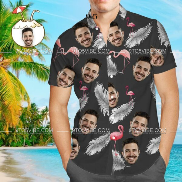 Men's Custom Face Shirt Hawaiian Shirt Short Sleeve Feather And Flamingo Black  - Free Design 9to5vibe